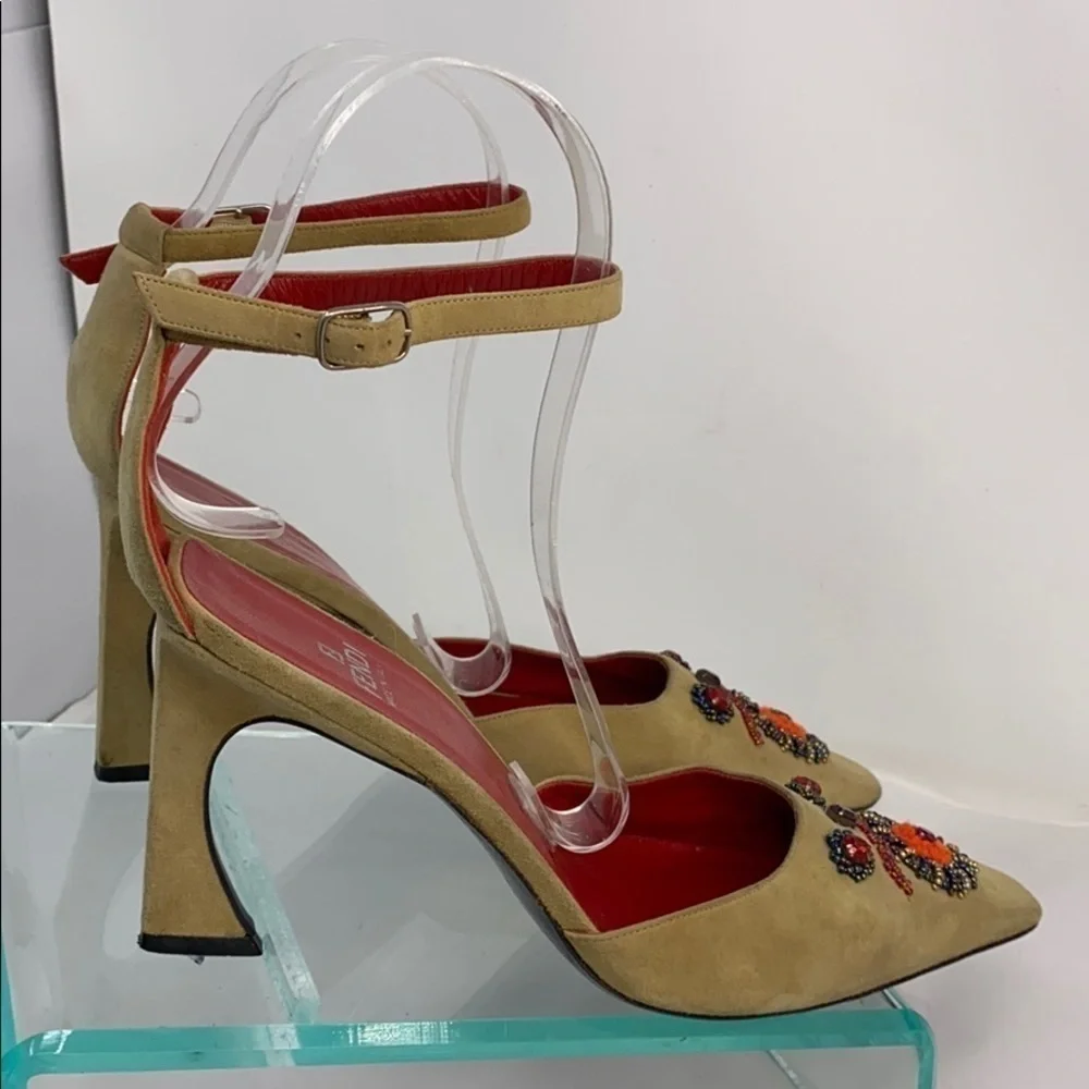 Fendi Sz 9.5M Beige Suede Beaded Ankle Strap Heels